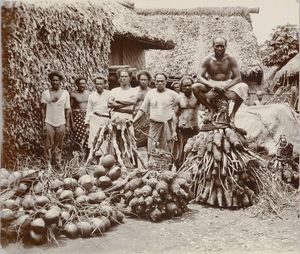 피지인들이 잔치를 준비하며 코코넛, 토란, 참마를 가지고 있다.