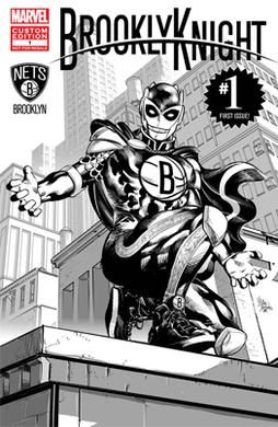 브루클린 네츠 홈 개막전에서 배포된 BrooklyKnight #1 표지. 그림: 마이크 데오다토.