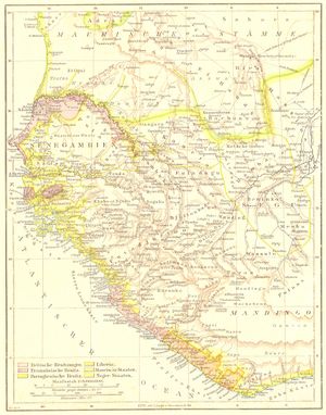 브리에르 드 리즐의 재임 기간이 끝날 무렵인 1881년의 세네감비아. 분홍색 지역은 프랑스 제국에 병합되었으며, 주변 영토의 대부분은 프랑스 "보호령"이다.