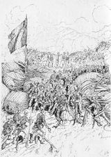 1885년 2월 22일, 뚜옌꽝 수비대의 외인부대원들이 성벽의 틈을 메우기 위해 진격하다.