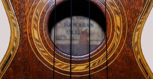 1920년대 뉴욕 플러싱의 루이스 비올 & 선스에서 제작된 우쿨렐레의 사운드홀과 라벨. 알버트 루이 비올은 1860년대 미국으로 이주하여 1883년 엠파이어 워크샵을 시작, 기타와 만돌린 등 다양한 현악기를 제작했다. 두 아들(루이스 주니어, 어거스트) 모두 가업에 참여했으며, 1902년 루이스 주니어가 운영을 맡아 1910년대 후반에서 1920년대에 우쿨렐레를 카탈로그에 추가했다.