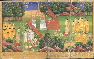 석가모니 부처와 그의 추종자들이 탁발승의 발우를 들고 공양을 받는다. 팔리 경전에서 불교 승려는 재가자 사이에서 신앙을 증진하고 옹호하는 데 중요한 역할을 한다.