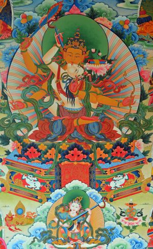 탄트라적 결합을 한 문수의 벽화, 그의 배우자는 보살 사라스바티 (타라의 한 형태라고도 여겨짐)