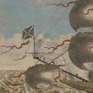 1637년, 선박의 선수에 잭스태프가 있는 유니언 잭을 배치한 선박의 초상화