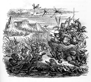 패러디의 고전 작품인 『개구리와 쥐의 싸움』을 이미지화한 삽화 (Louis Joseph Trimolet 작, 1841년).