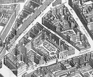 튀르고 지도 (1739)에 묘사된 라 로슈푸코 저택. 장 샤스텔이 죽인 짐승의 유해는 아마 이 개인 저택 정원에 묻혔을 것이다. 정원의 레이아웃은 조각의 중앙에서 볼 수 있다.