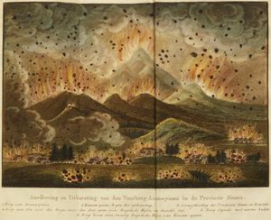 아사마 산의 분화 삽화 ('Bijzonderheden over Japan' (1824)).