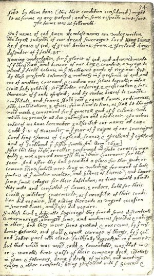 윌리엄 브래드포드의 친필 일기. 신의 이름 아래 사회 계약에 따를 것을 명시하고 있다.