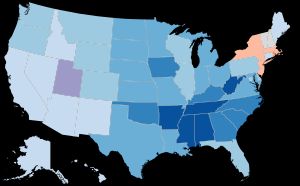 2014년 현재 미국 주별 주된 종교. 퓨 리서치 센터에 따르면, 가톨릭은 매사추세츠, 뉴저지, 뉴욕, 로드아일랜드에서 인구의 다수를 차지했다.