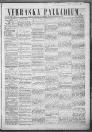 1854년 12월 6일자 네브래스카 팔라디움(및 플랫 밸리 어드보케이트)의 표지, 네브래스카 준주에서 발행된 최초의 신문