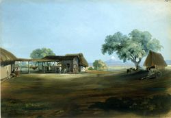 산타 안나의 첫 번째이자 가장 좋아하는 농장인 망가 데 클라보. 그의 첫 번째 아내의 지참금으로 구입할 수 있었다. 요한 모리츠 루겐다스의 그림. Kuperferstichkabinett, Staatliche Museen Zu Berlin, Id. Number: VIII E. 2440, 1831–1834.