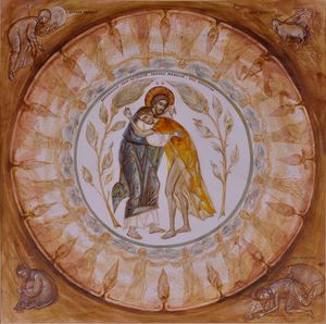 성상 속 탕자, 엘레나 무라리우 (2018)의 작품으로, 그리스도와 회개하는 그리스도인 묘사