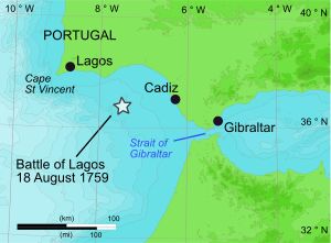 해전이 벌어진 곳 근처의 주요 지점을 보여주는 지도
