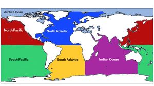 "대양과 바다의 경계"에서 정의된 주요 해양 분지를 보여주는 그림입니다. 경계는 대륙의 지리적 특징과 적도를 기준으로 합니다.