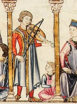 14세기 중세 필사본에서 한 음악가가 비엘을 연주하고 있다.