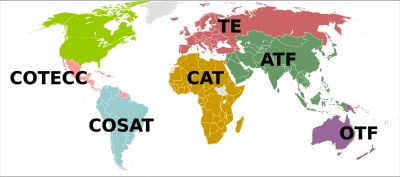 ITF 회원국 지도. 각 국가별 테니스 협회 색상은 6개의 지역 협회를 나타낸다.