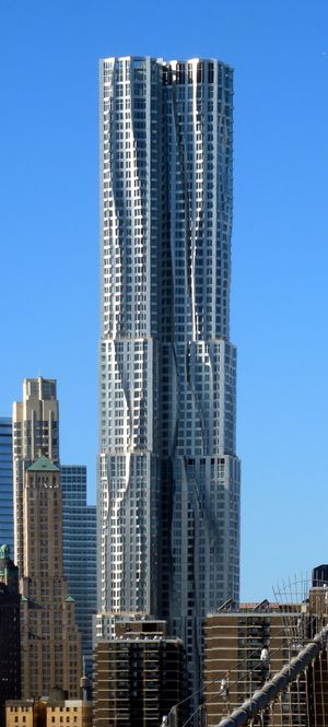 The tower at 8 Spruce Street in Lower Manhattan, completed in 2010, has a stainless steel and glass exterior and is 76&nbsp;stories high (2010).