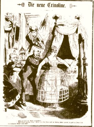 비스마르크의 식민지 정책에 대한 만화: "새로운 크리놀린". 캡션에는 "나도 유행에 참여해야 하는가? - 용기를 내세요, 착한 부인! 처음에는 새로운 것에 약간 당황하더라도, 그것이 당신에게 훌륭한 외모를 선사할 것입니다."라고 적혀 있다. 배경 왼쪽에는 독일 중앙당의 루드비히 빈트호르스트가 가정교사로 묘사되어 있다. Berliner Wespen 1885년 3월 13일, 구스타프 하일의 판화