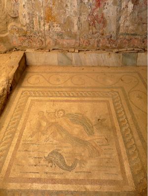 코스 타운 서부 고고학 구역의 고대 로마 모자이크. 유로파의 유괴 장면.