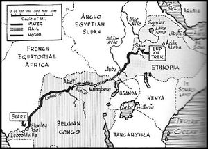 콩고에서 에티오피아까지 벨기에군의 이동 경로를 보여주는 지도