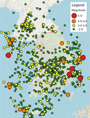2000년 1월부터의 대한민국 지진 진앙 지도(규모 2.0 이상)