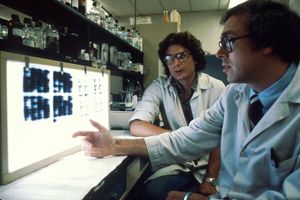 연구자들이 단클론 항체를 만드는 세포 배양 슬라이드를 보고 있다. 이것들은 실험실에서 배양되며 연구자들은 가장 유망한 제품을 선택하기 위해 제품을 분석하고 있다.