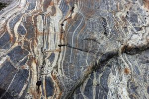 스위스 트리프트 빙하 인근에서 발견된, 밝은 색의 화강암 띠와 섞인 어두운 색의 각섬암 부석