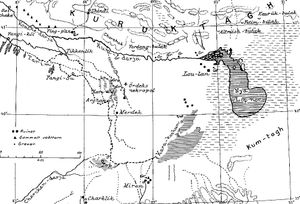 폴케 베리만이 작성한 로프노르 주변의 지도(1935년). 오른쪽 윗부분의 조롱박 모양이 당시의 호수이다. 하반부가 마른 후 인간의 귀를 닮은 모습으로 보이고 있다.