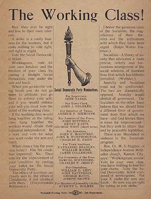 1900년 펙스킬 SDP의 전단지. 미국 사회노동당이 사용한 팔과 망치 로고를 연상시키는 팔과 횃불 로고를 사용했다.