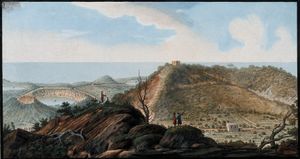 몬테 바르바로 분화구(오른쪽), 배경에 다른 화산 지형. 피에트로 파브리스의 채색 에칭, 1776