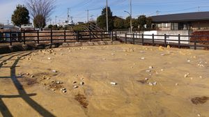 다나무카이하라 유적에서 발견된 구석기 시대의 평지 건물 유구(주거상 유구)의 실물 크기 모형(가나가와현 사가미하라시 주오구, 사적 다나무카이하라 유적 공원)