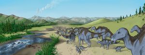 반 건조한 투 메디신 층 화석층에서 발견된 것처럼 개울가를 따라 걷는 마이아사우라 무리의 삽화. 이 지역은 화산재층과 침엽수, 고사리, 속새 식생이 특징이었습니다.