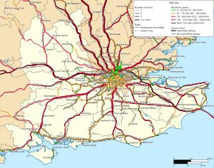 영국 사우스이스트잉글랜드의 철도 운송 인프라 지도