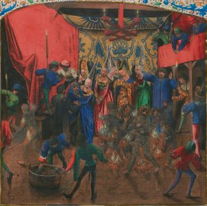 프루아사르의 『연대기』 세밀화에 나타난 발 데 아르덩. 샤를 6세는 왼쪽 중간에 있는 베리 공작 부인의 치마 아래에 웅크리고 있으며, 중앙에는 불타는 무용수들이 있다.