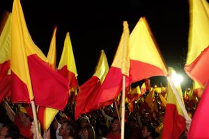 2014년 4월 6일, 루이스 기예르모 솔리스의 승리를 축하하기 위해 시민 행동당 지지자들이 전통적인 색상을 흔들고 있다