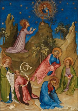 콜레 드 랑 귀속, 『올리언스 공작 루이 1세의 동산의 기도』, 1405-1408년 (프라도 미술관 소장).