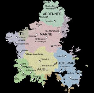 현 행정 구역과 코뮌이 표시된 18세기 샹파뉴의 경계 지도