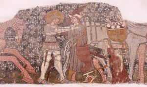 세켈레르제 교회 벽화: 헝가리의 라슬로 1세가 쿠만 전사와 결투를 벌이고 있다.