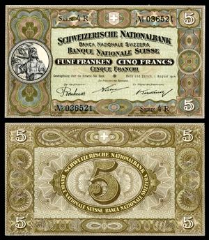 스위스 국립은행(Schweizerische Nationalbank), 5 프랑(1914). 초상화는 빌헬름 텔(리하르트 키슬링의 알트도르프 기념비를 기반으로 함)과 멀리 보이는 뤼틀리(Rütli) 산을 묘사한다.K. 본하우저(수석 출납원), 요한-다니엘 히르터(스위스 국립은행 이사회 의장) 및 아우구스트 부르크하르트(이사회 멤버)가 서명했다.