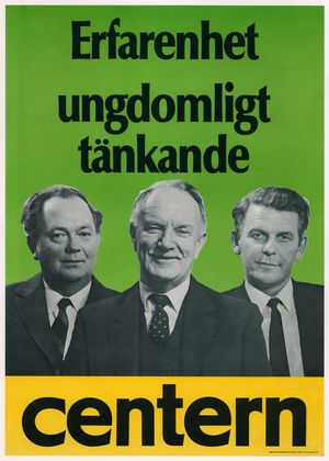 1970년 총선 중앙당 포스터. (왼쪽부터) 요하네스 안톤손, 당 대표 군나르 헤들룬드, 펠딘. "경험, 젊음, 생각. 중앙당"이라고 적혀 있다.