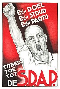 SDAP의 정치 포스터. "하나의 투쟁, 하나의 목표, 하나의 당; SDAP에 가입하십시오"라고 적혀 있다.