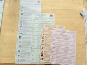 러시아 전역 및 상트페테르부르크 지방 선거의 각 선거구에서 사용된 투표용지들. 왼쪽부터 순서대로 연방 선거구의 정당 투표 용지(파란색), 단일 후보 선거구의 후보 투표 용지(녹색), 상트페테르부르크 선거구의 정당 투표 용지(노란색), 상트페테르부르크 선거구의 단일 후보 투표 용지(분홍색)이다.