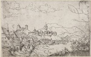 알트도르퍼의 에칭, 호숫가 도시가 있는 풍경(1520년대), 바르샤바 국립 박물관