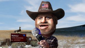 컴퓨터 기술을 사용하여 제작된 캐리커처의 예시로 사진 이미지 위에 겹쳐져 있다