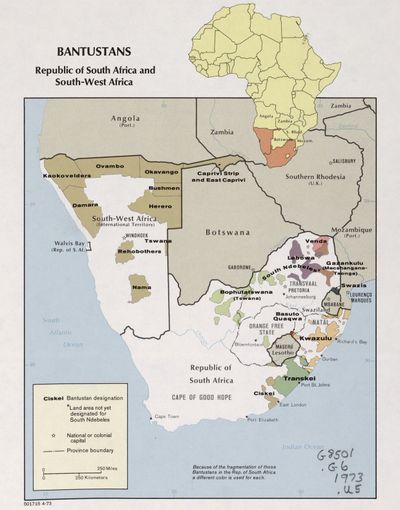 남아프리카 공화국과 남서아프리카 (현재의 나미비아)의 "홈랜드" 지도
