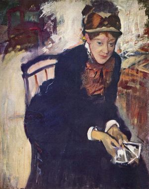 드가의 Portrait of Miss Cassatt, Seated, Holding Cards, c. 1876-1878년, 캔버스에 유화