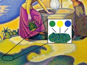 폴 시냐크의 《우물가의 연인》 (1892년, 오르세 미술관 소장). 점묘법의 구성원리를 보여주고 있다.