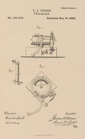 특허 도면 에디슨의 축음기, 1880년 5월 18일