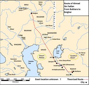 아흐마드 이븐 파들란이 부하라에서 불가르로 가는 추정 경로