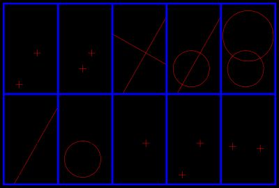 기본 작도 1에서 5까지를 왼쪽에서 오른쪽으로 보여준다. 윗줄은 주어진 정보이고, 아랫줄은 원하는 작도이며, 빨간색은 새로운 정보를 나타낸다.